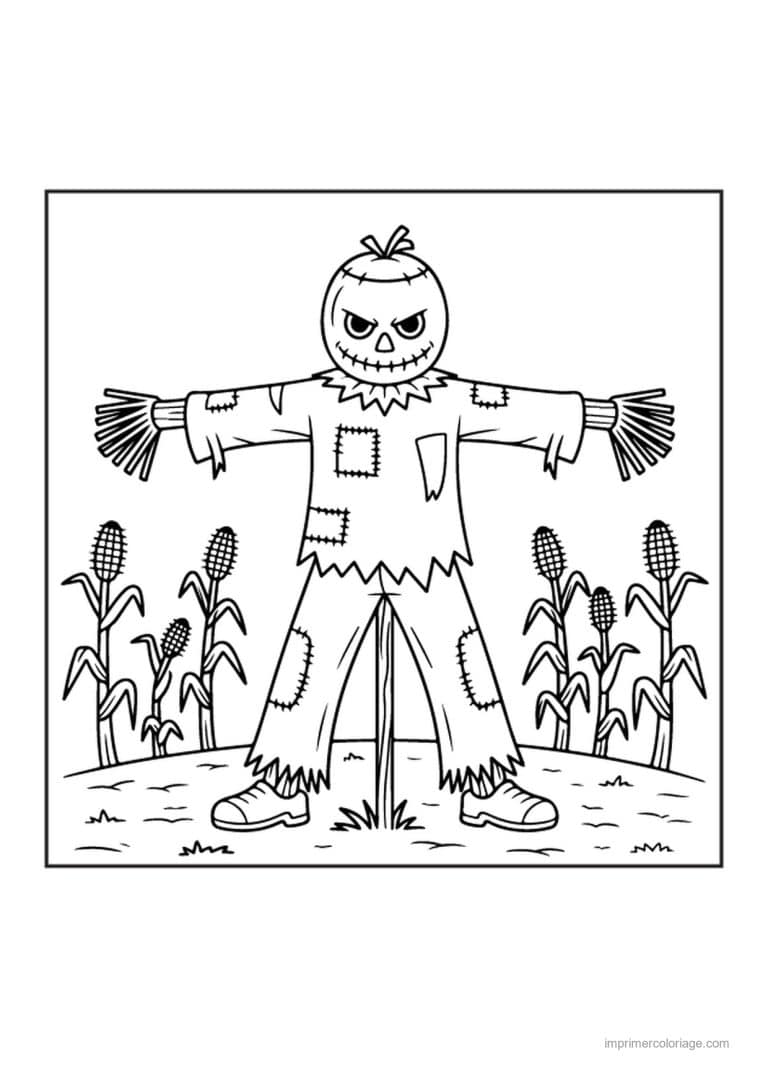 coloriage epouvantail epouvantail a tete de citrouille dans le - dessin gratuit &agrave; imprimer
