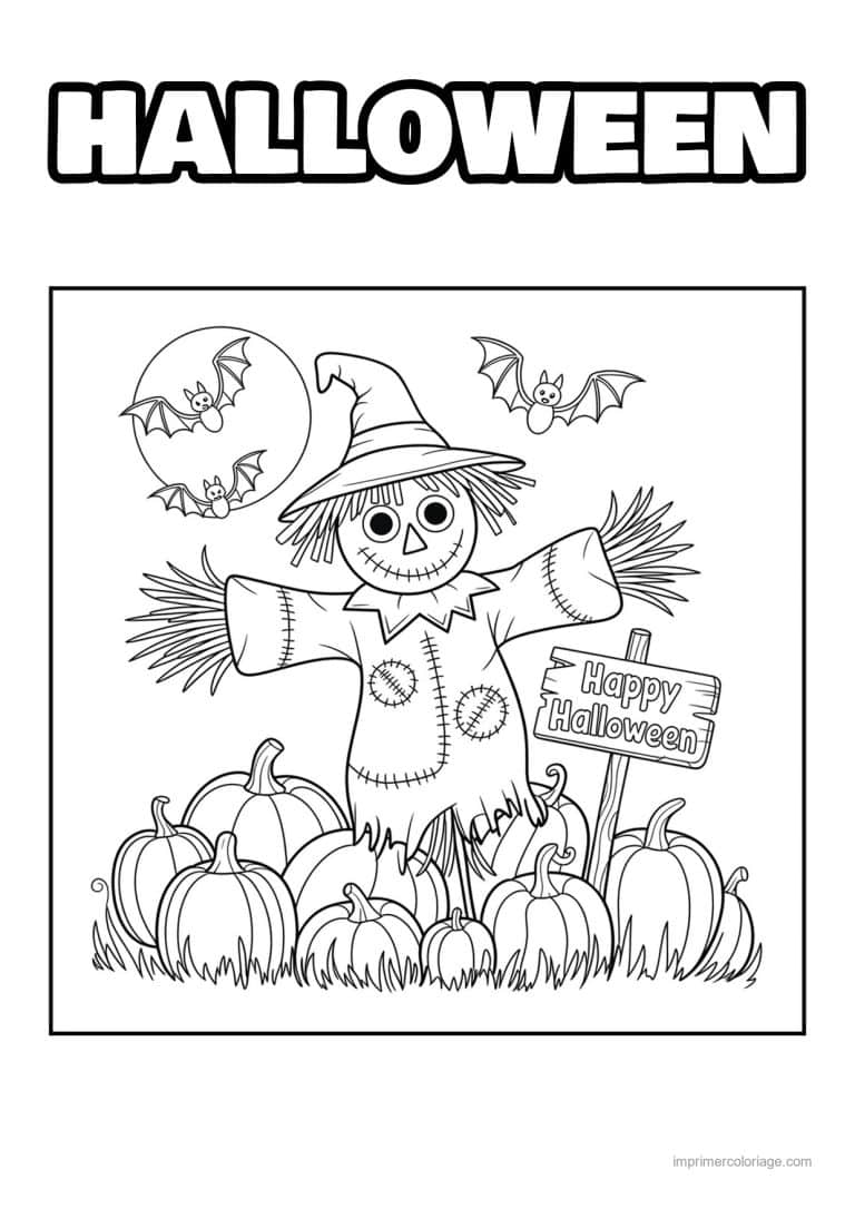 coloriage epouvantail epouvantail dans le champ de citrouilles - dessin gratuit &agrave; imprimer