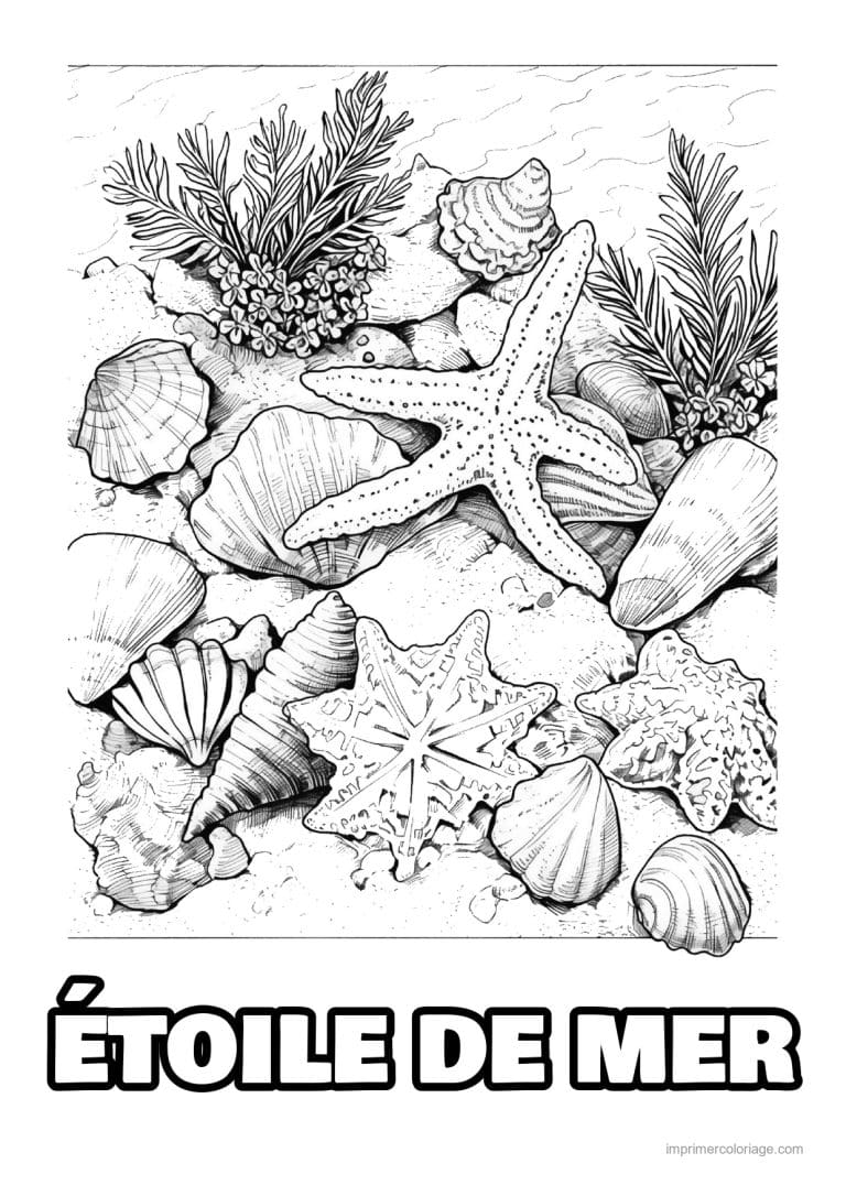 coloriage etoile de mer au milieu des coquillages - dessin gratuit &agrave; imprimer