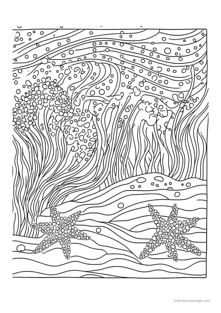 coloriage etoile de mer deux sous les algues ondulees - dessin gratuit &agrave; imprimer