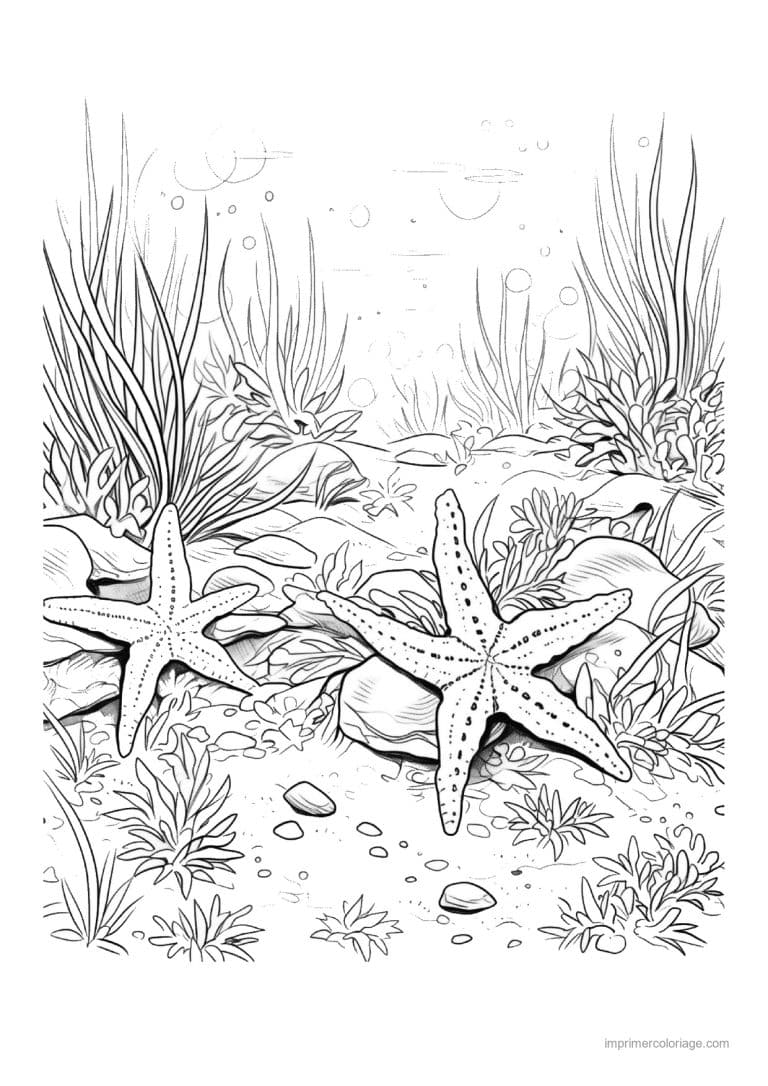 coloriage etoile de mer deux sur le fond herbeux - dessin gratuit &agrave; imprimer