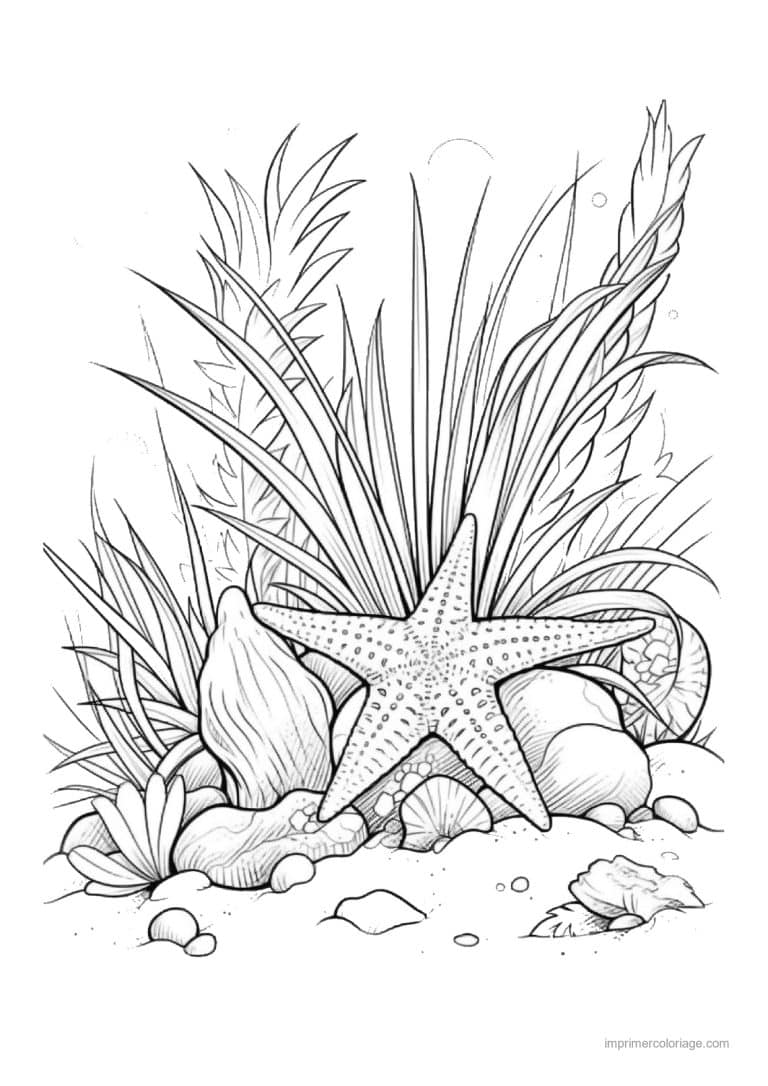 coloriage etoile de mer devant une touffe d algues - dessin gratuit &agrave; imprimer