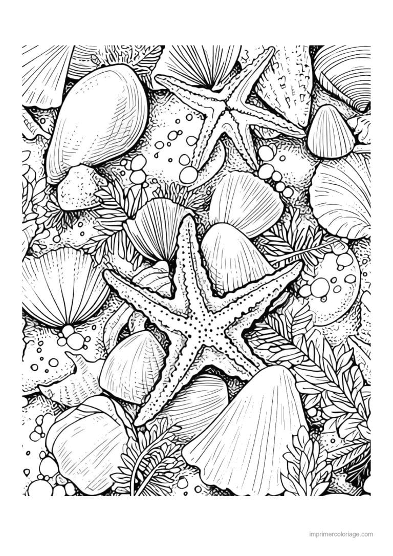 coloriage etoile de mer entre coquillages serres - dessin gratuit &agrave; imprimer
