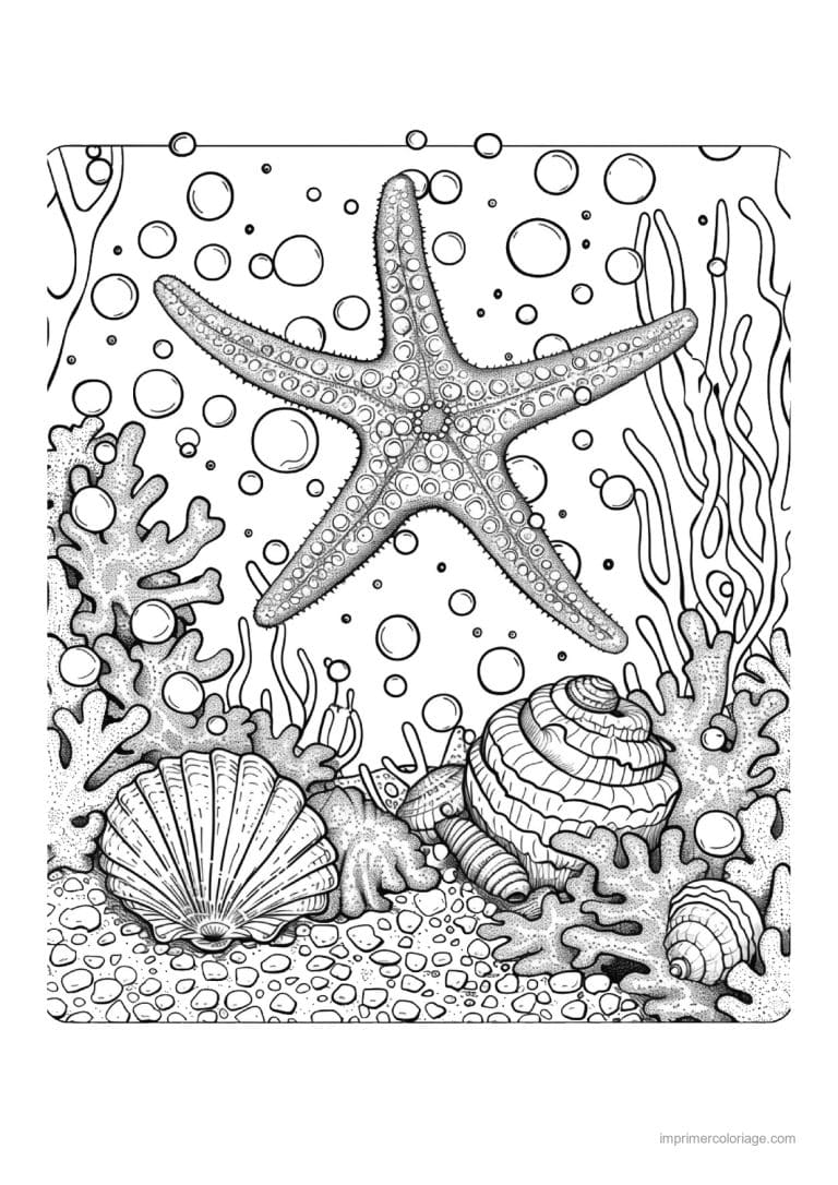 coloriage etoile de mer grande parmi bulles et coraux - dessin gratuit &agrave; imprimer