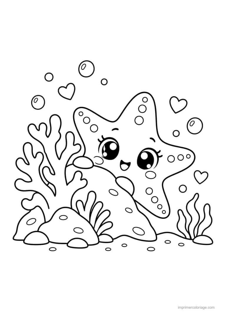 coloriage etoile de mer kawaii etoile mer cachee corail - dessin gratuit &agrave; imprimer