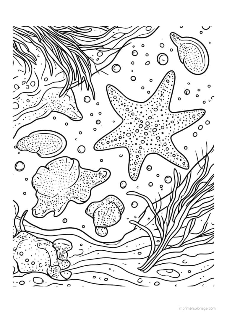 coloriage etoile de mer pointillee parmi les eponges - dessin gratuit &agrave; imprimer