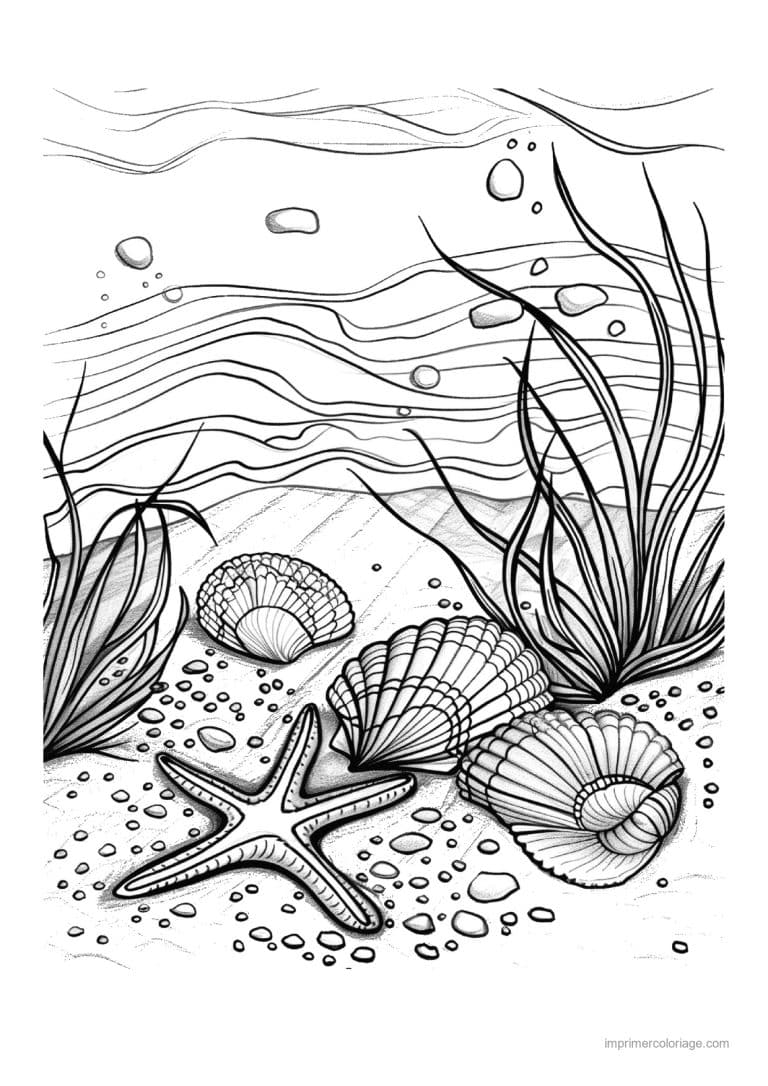 coloriage etoile de mer pres de deux coquillages - dessin gratuit &agrave; imprimer
