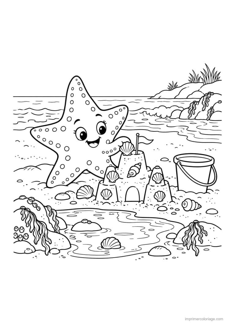 coloriage etoile de mer scene etoile mer chateau sable - dessin gratuit &agrave; imprimer