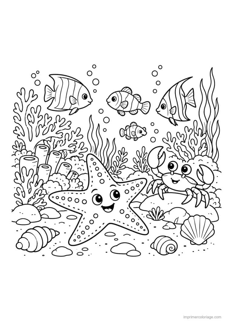 coloriage etoile de mer scene etoile mer recif corail - dessin gratuit &agrave; imprimer