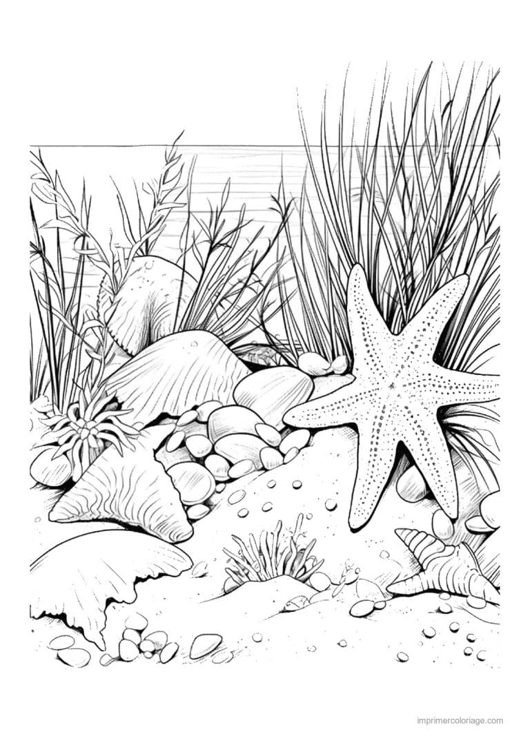 coloriage etoile de mer sur le sable entre les herbes - dessin gratuit &agrave; imprimer