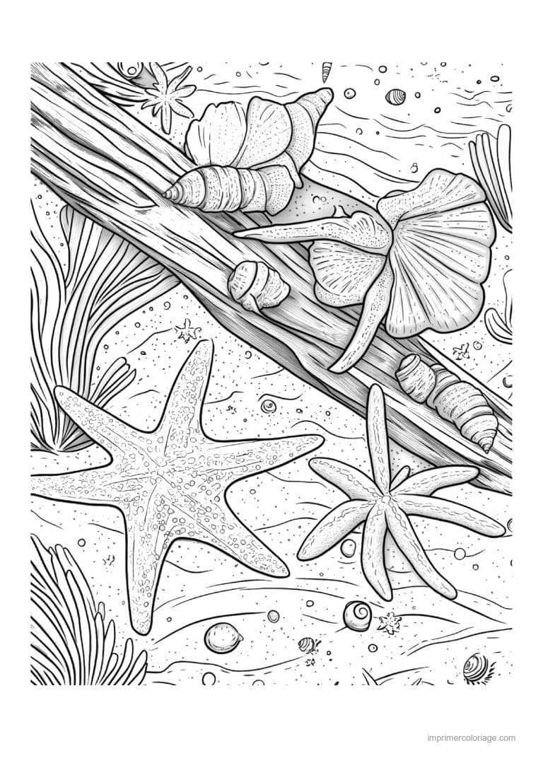coloriage etoile de mer sur le sable pres du bois flotte - dessin gratuit &agrave; imprimer