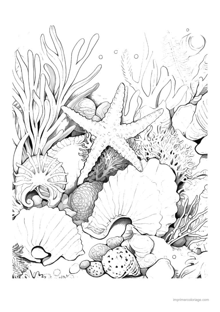 coloriage etoile de mer sur un tas de coquillages - dessin gratuit &agrave; imprimer