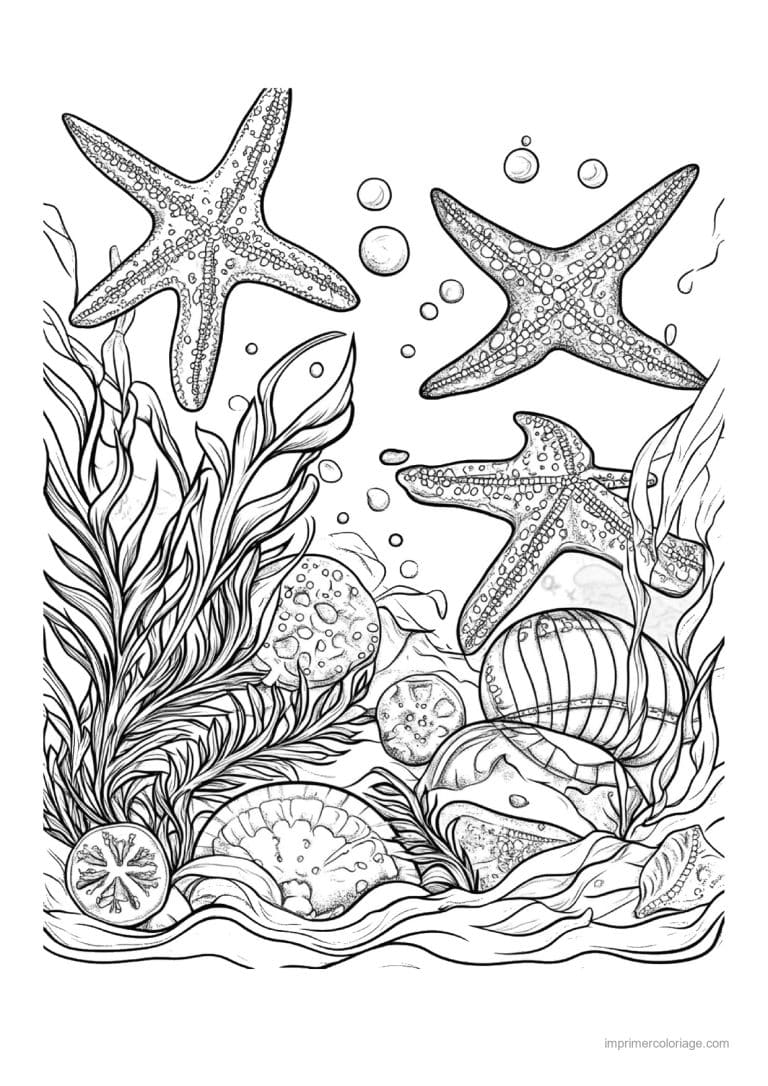 coloriage etoile de mer trois au dessus des algues - dessin gratuit &agrave; imprimer
