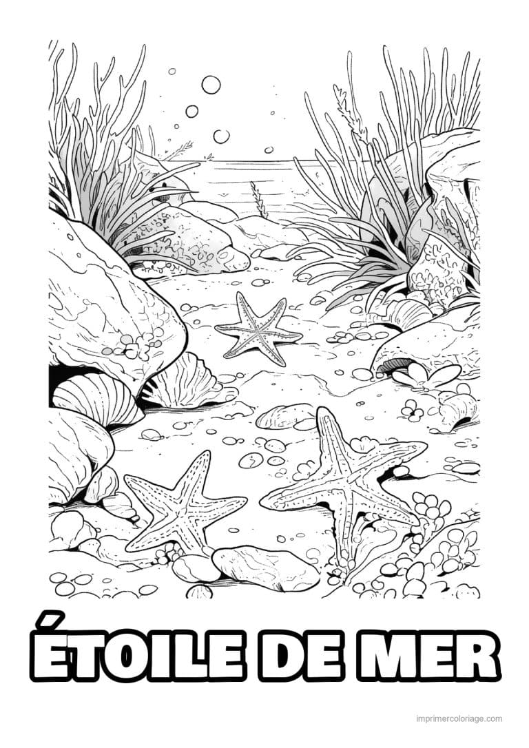 coloriage etoile de mer trois sur un fond rocheux - dessin gratuit &agrave; imprimer