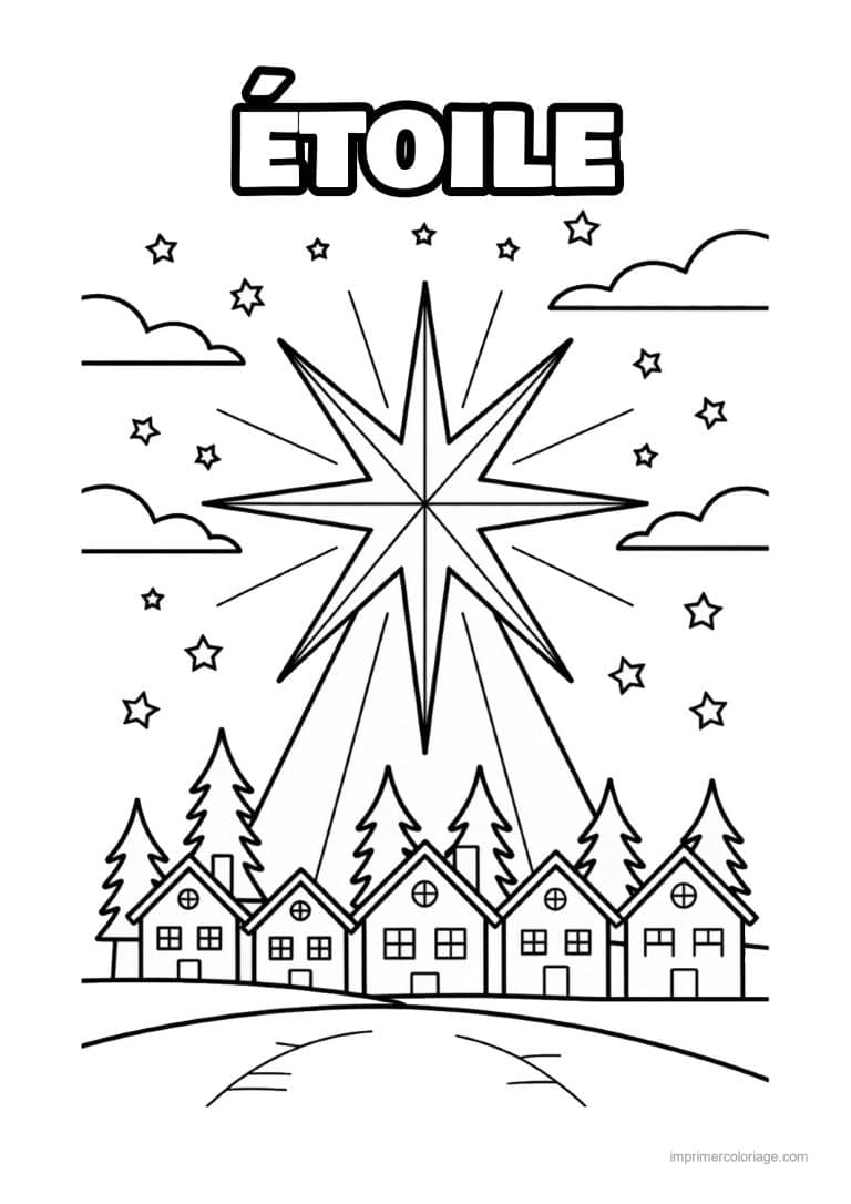 coloriage etoile etoile bethleem village sapins - dessin gratuit &agrave; imprimer