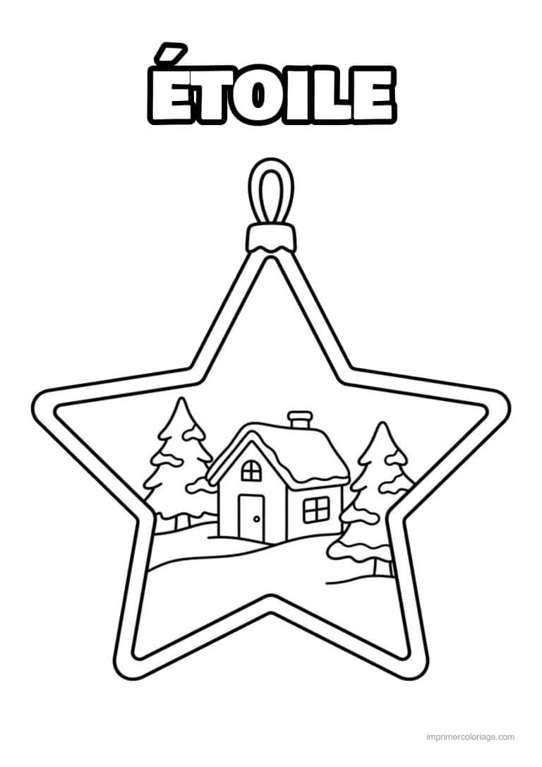 coloriage etoile etoile maison enneigee sapins - dessin gratuit &agrave; imprimer