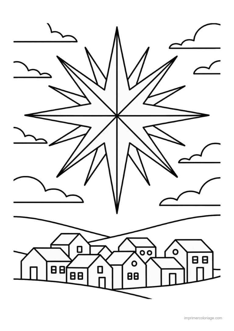 coloriage etoile grande etoile village collines - dessin gratuit &agrave; imprimer