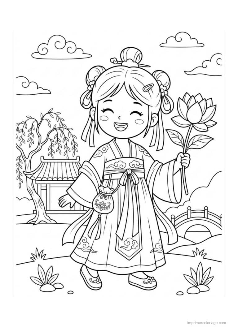 coloriage fille chinoise lotus - dessin gratuit &agrave; imprimer