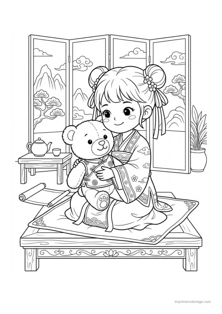coloriage fille chinoise ourson - dessin gratuit &agrave; imprimer