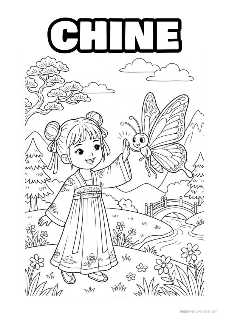 coloriage fille chinoise papillon - dessin gratuit &agrave; imprimer