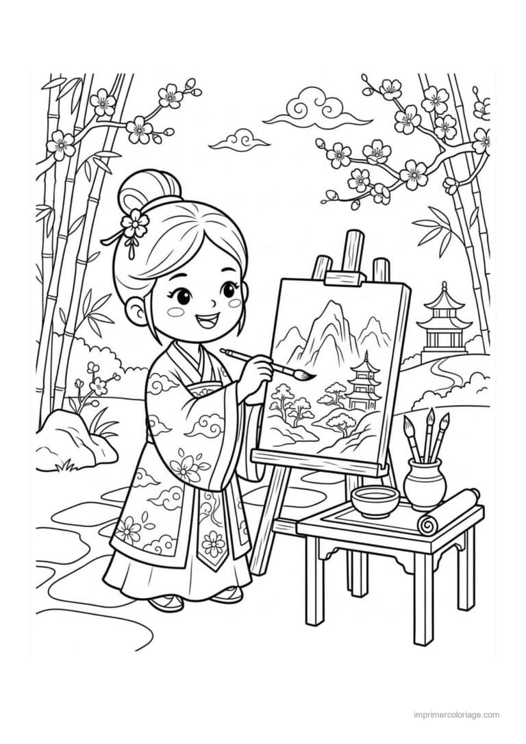 coloriage fille chinoise peinture - dessin gratuit &agrave; imprimer