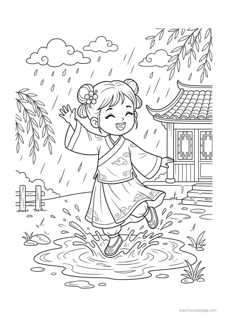 coloriage fille chinoise pluie - dessin gratuit &agrave; imprimer