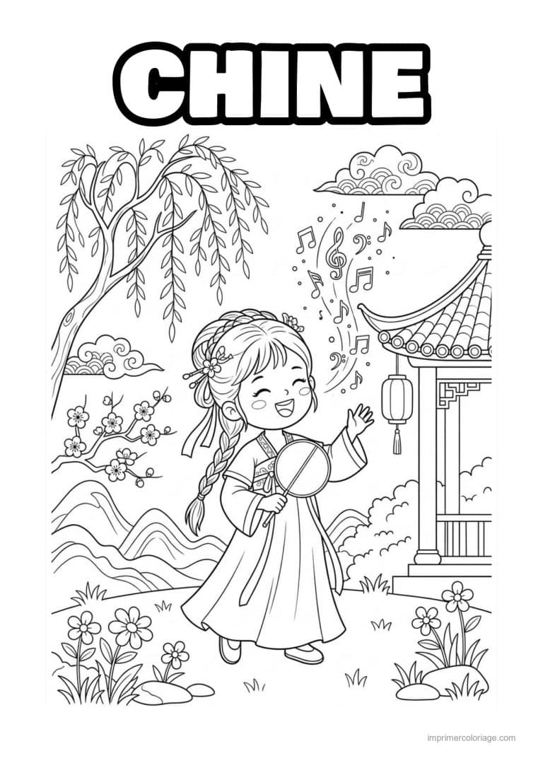 coloriage fille chinoise tambourin - dessin gratuit &agrave; imprimer