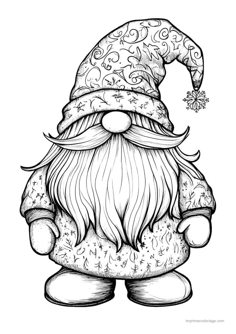 coloriage gnome gnome bonnet arabesques flocon - dessin gratuit &agrave; imprimer