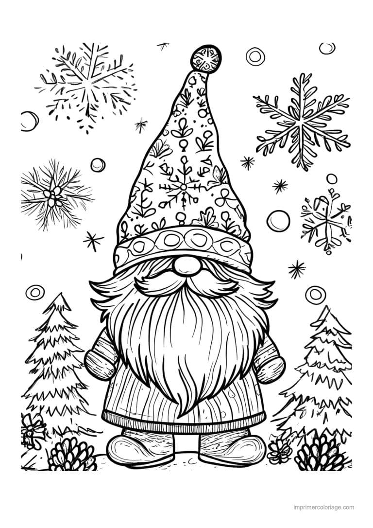 coloriage gnome gnome bonnet flocons sapins - dessin gratuit &agrave; imprimer