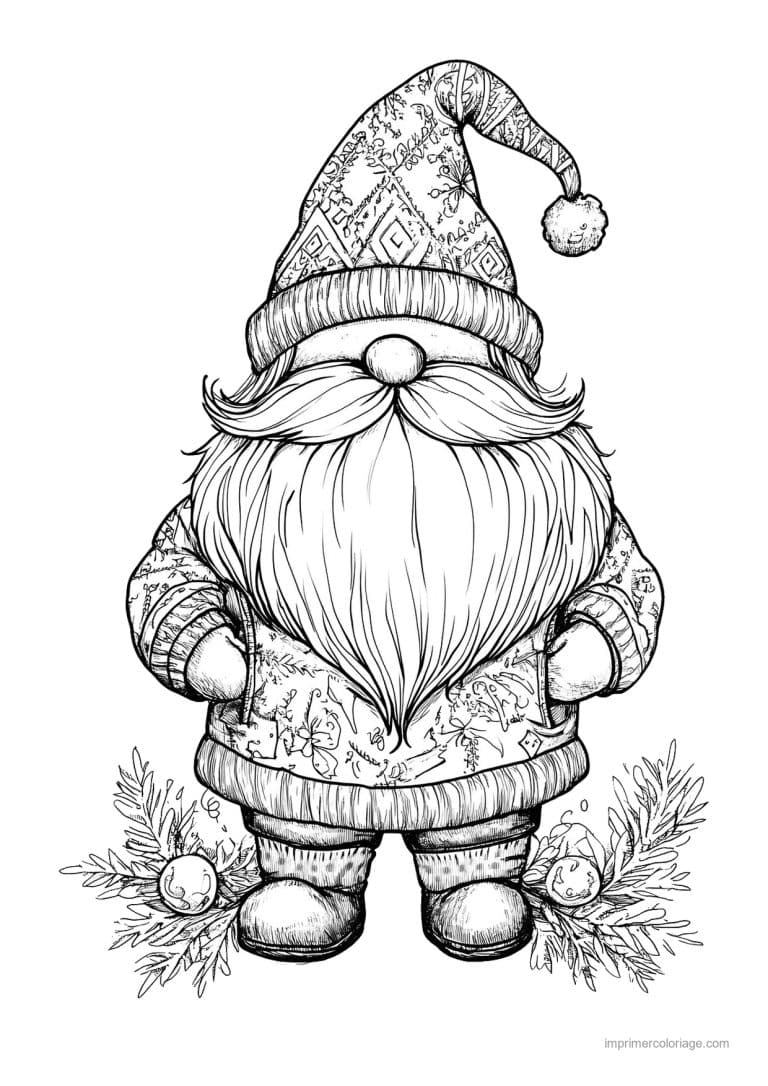 coloriage gnome gnome bonnet motifs branches boules - dessin gratuit &agrave; imprimer