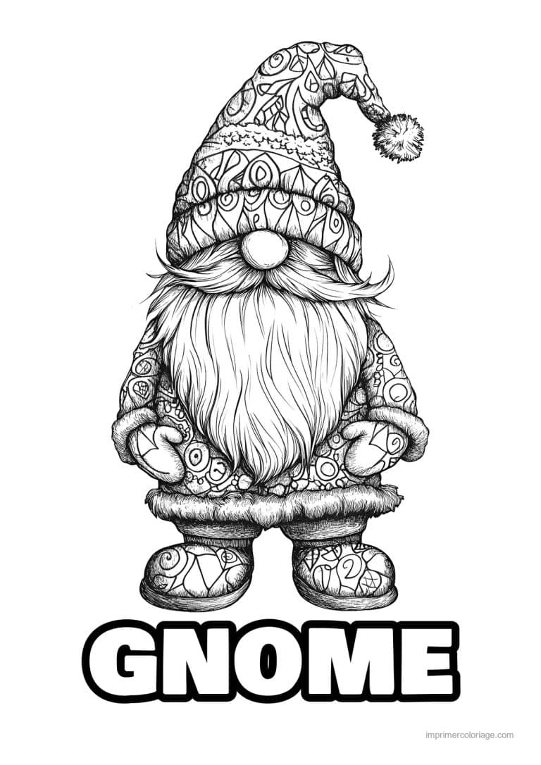 coloriage gnome gnome bonnet motifs grosse barbe - dessin gratuit &agrave; imprimer