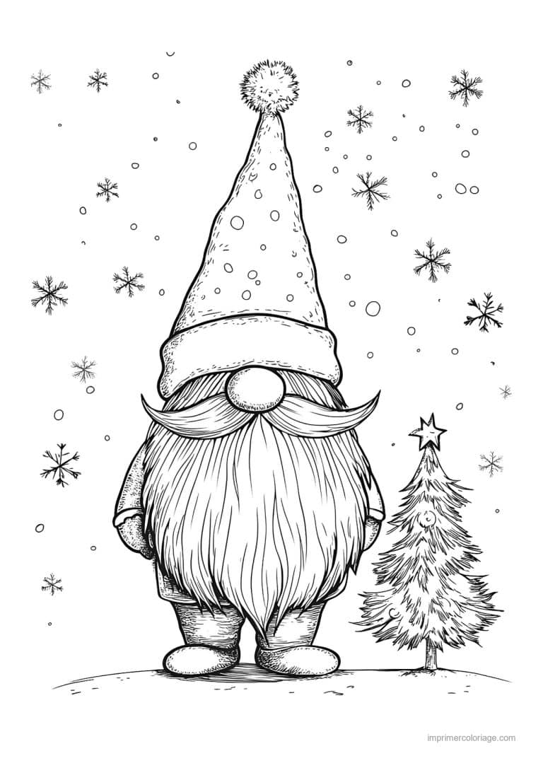coloriage gnome gnome bonnet pompon petit sapin - dessin gratuit &agrave; imprimer