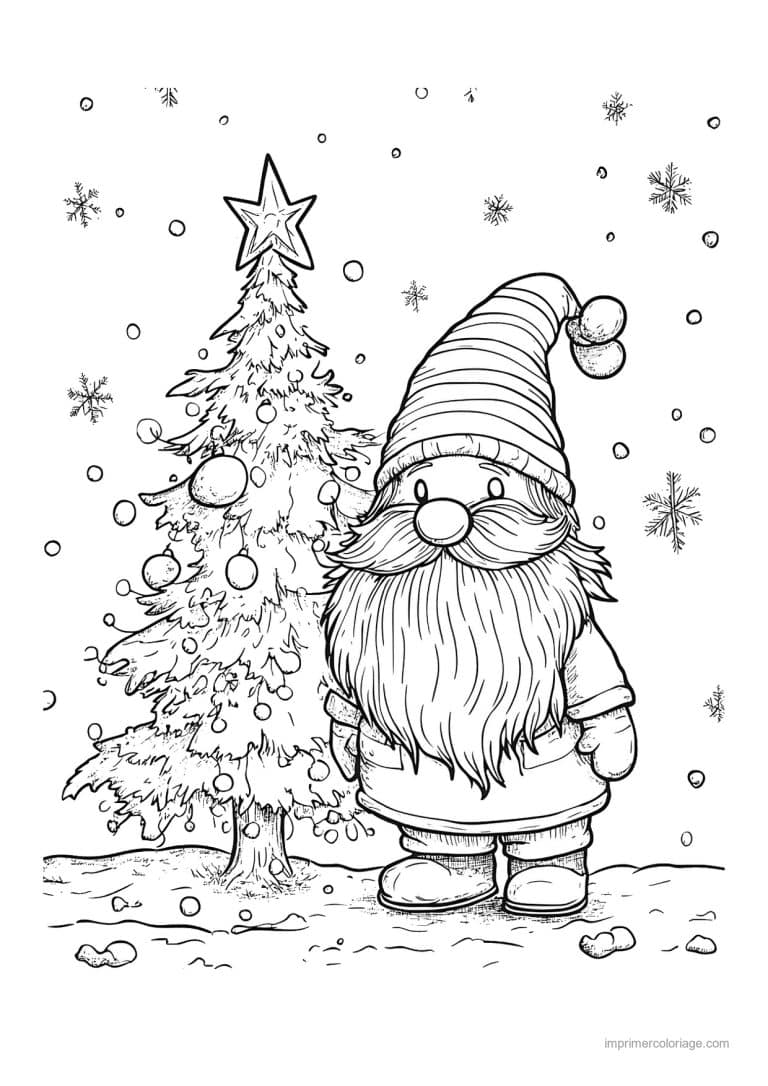 coloriage gnome gnome bonnet raye sapin etoile - dessin gratuit &agrave; imprimer