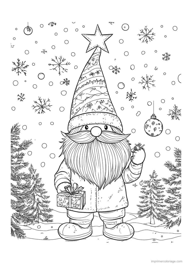 coloriage gnome gnome cadeau foret flocons - dessin gratuit &agrave; imprimer