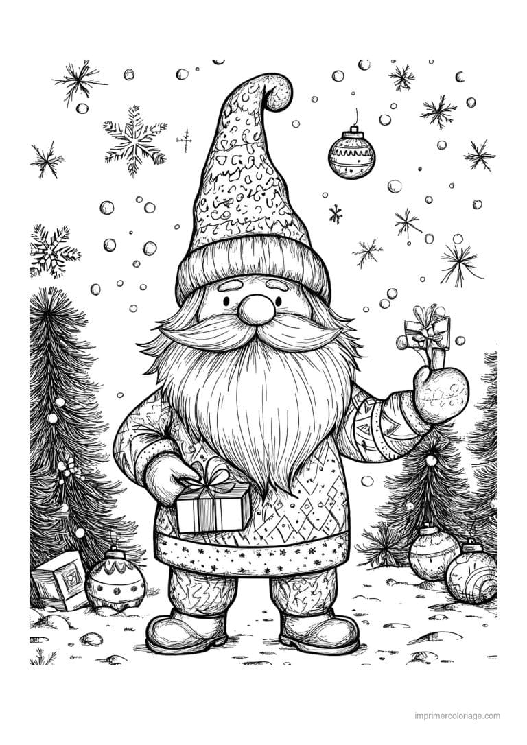 coloriage gnome gnome cadeaux sapins boules - dessin gratuit &agrave; imprimer