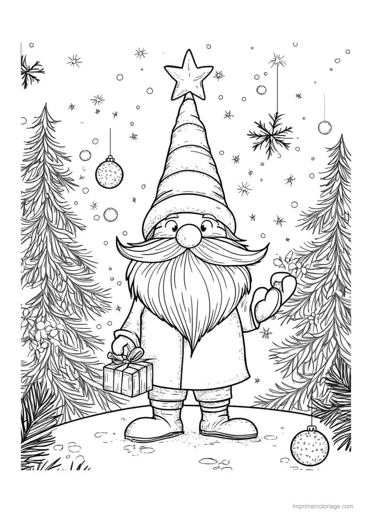 coloriage gnome gnome foret sapins boules etoile - dessin gratuit &agrave; imprimer