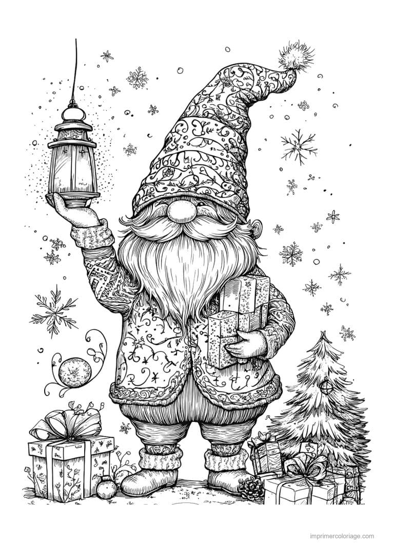 coloriage gnome gnome lanterne levee cadeaux sapin - dessin gratuit &agrave; imprimer