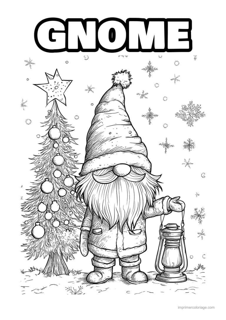coloriage gnome gnome lanterne sapin decore - dessin gratuit &agrave; imprimer