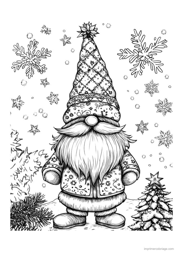 coloriage gnome gnome motifs flocons petit sapin - dessin gratuit &agrave; imprimer