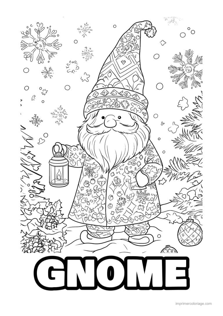 coloriage gnome gnome motifs lanterne flocons trait fin - dessin gratuit &agrave; imprimer