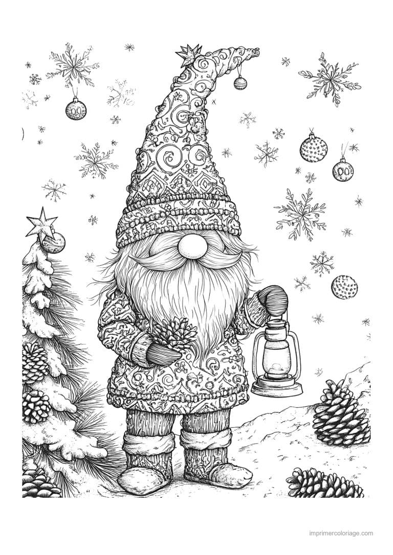 coloriage gnome gnome motifs lanterne pommes pin - dessin gratuit &agrave; imprimer