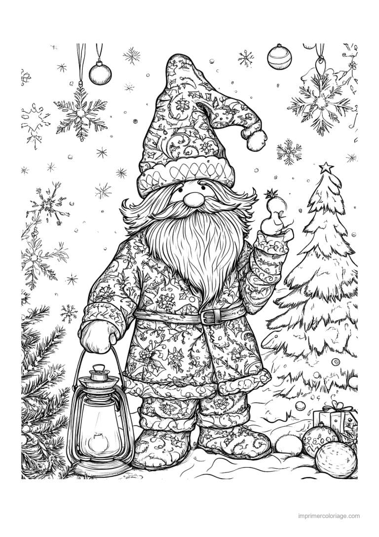coloriage gnome gnome motifs lanterne sapin - dessin gratuit &agrave; imprimer