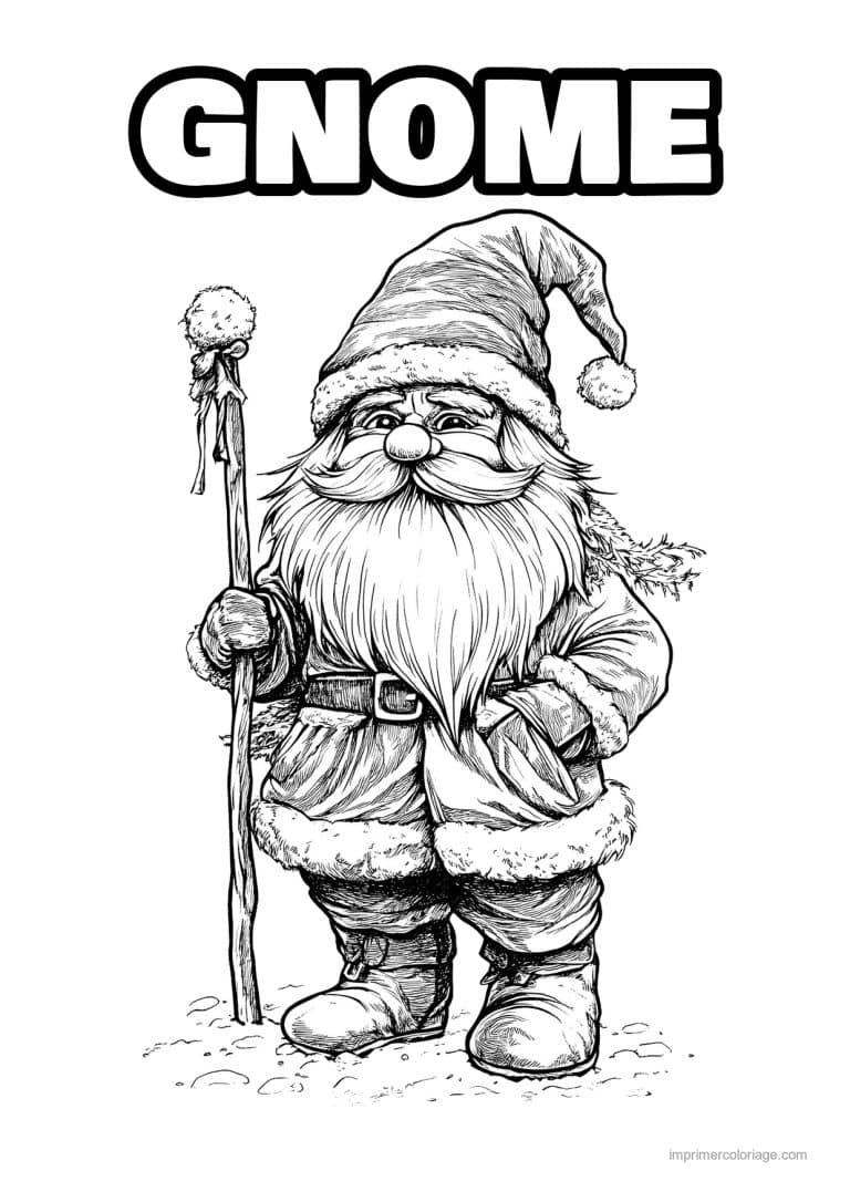 coloriage gnome nain barbu baton manteau - dessin gratuit &agrave; imprimer