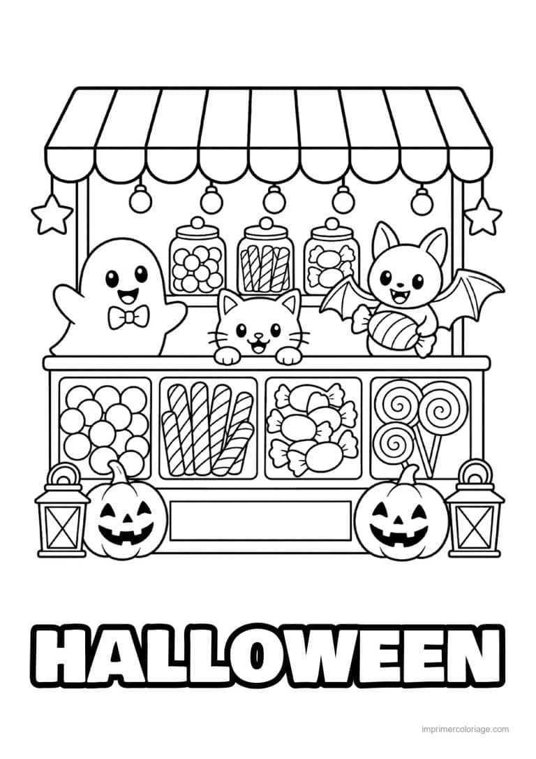 coloriage halloween cozy amis a la boutique de bonbons - dessin gratuit &agrave; imprimer