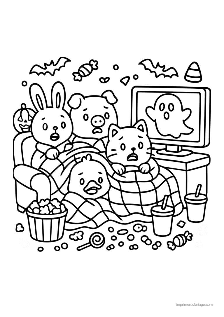 coloriage halloween cozy amis regardent film qui fait peur - dessin gratuit &agrave; imprimer
