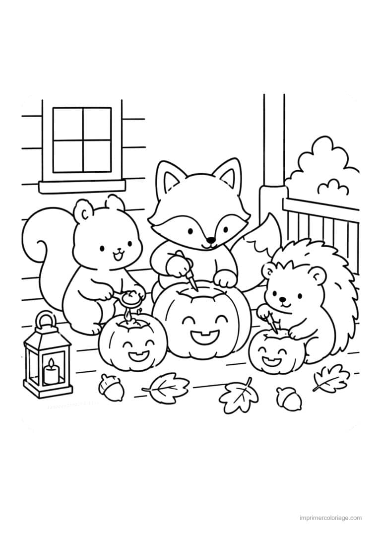 coloriage halloween cozy animaux qui sculptent des citrouilles - dessin gratuit &agrave; imprimer