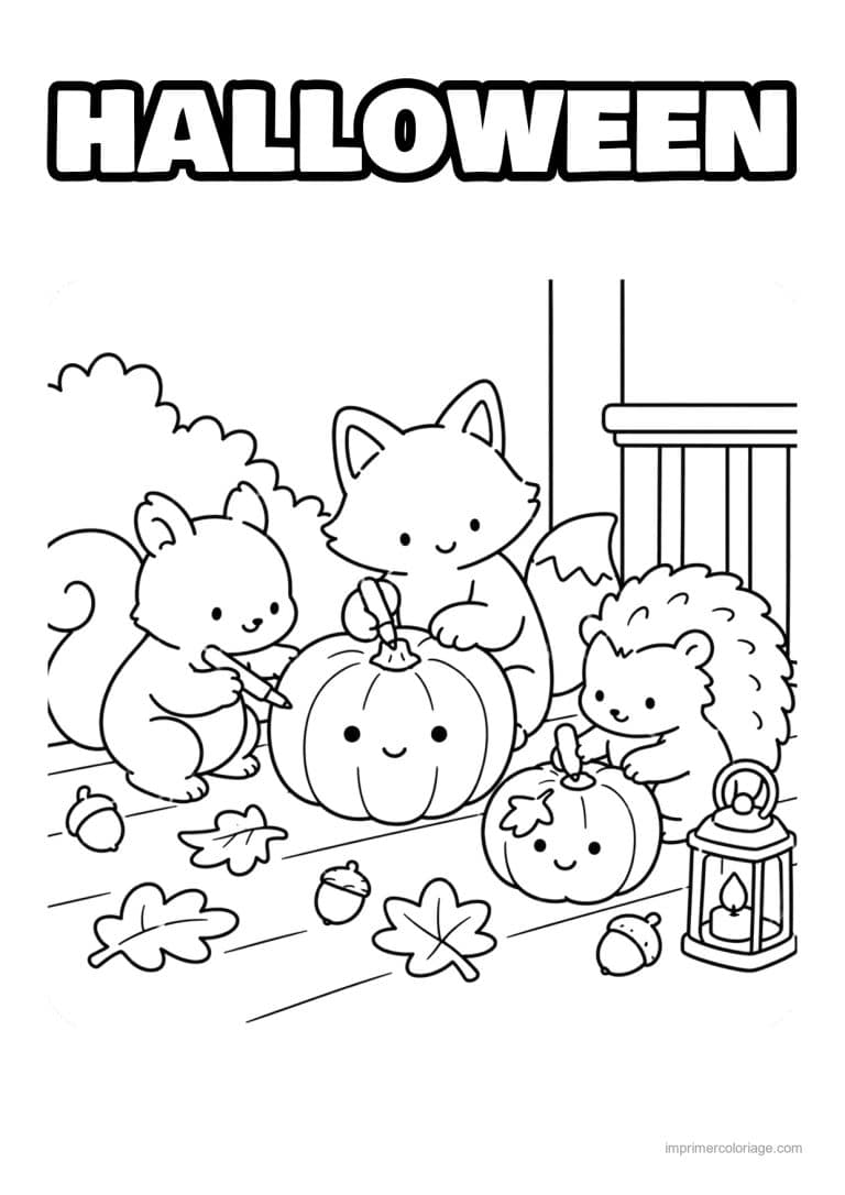 coloriage halloween cozy animaux sculptent une citrouille - dessin gratuit &agrave; imprimer