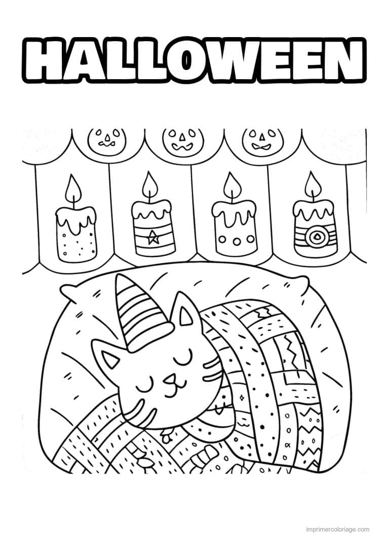coloriage halloween cozy chat dort sous guirlande citrouilles - dessin gratuit &agrave; imprimer