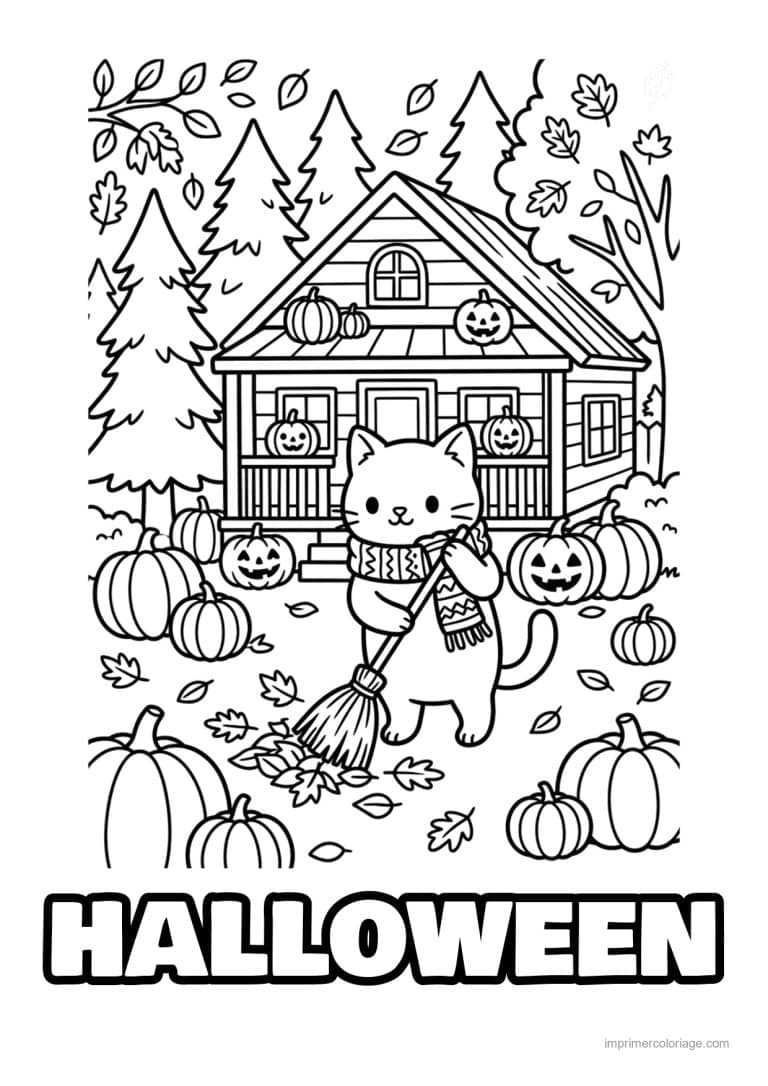 coloriage halloween cozy chat qui balaie devant le chalet - dessin gratuit &agrave; imprimer