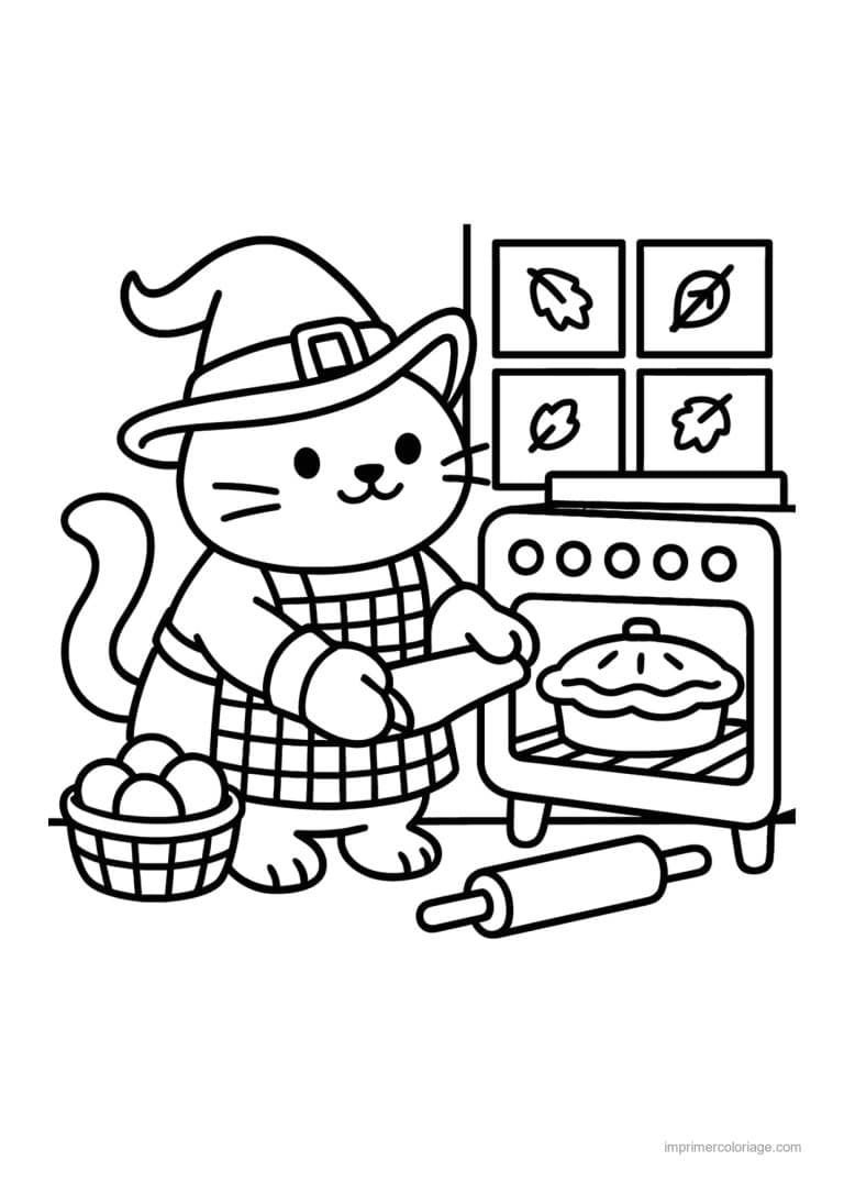 coloriage halloween cozy chat sorcier qui cuit une tarte - dessin gratuit &agrave; imprimer